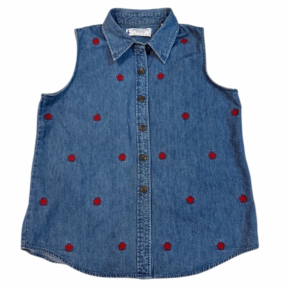 Vintage Marsh Landing Blues Denim Star Embroidered Sleeveless Shirt | PL